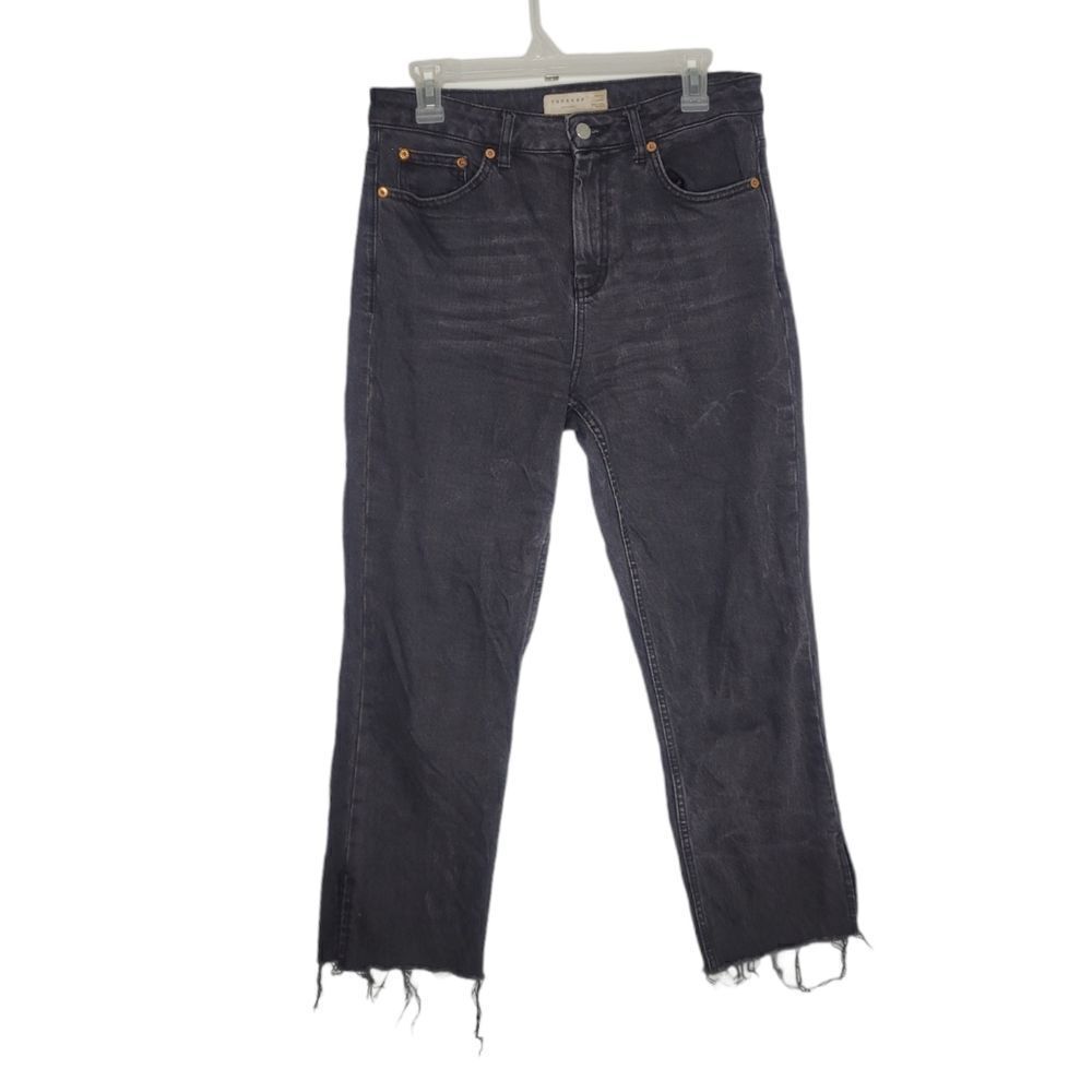 ASOS jeans black‎ straight leg raw hem high waisted ankle 30